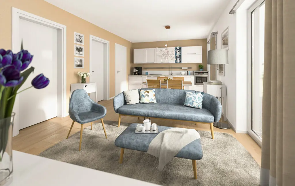 Glueckswelthaus-61-Wohnzimmer Elegantes Wohnzimmer eines modernen Neubaus.